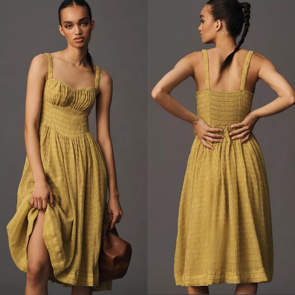 NWT Anthropologie Gold Yellow Smocked Midi Dress - XS Petite